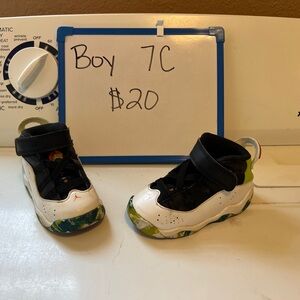 Jordan Kids Black and White Sneakers with Green Accents